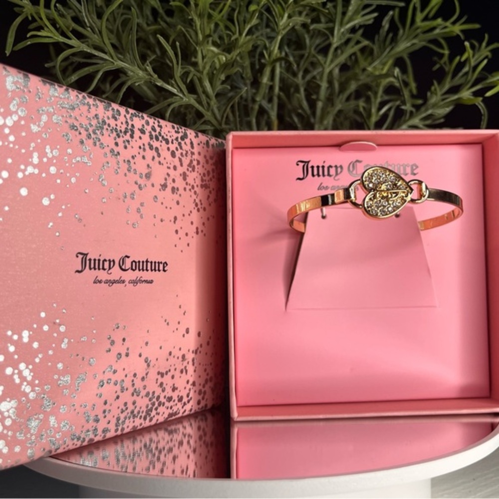 Juicy Couture Gold Pavé Heart Bangle Bracelet Pink Gift Box NWT